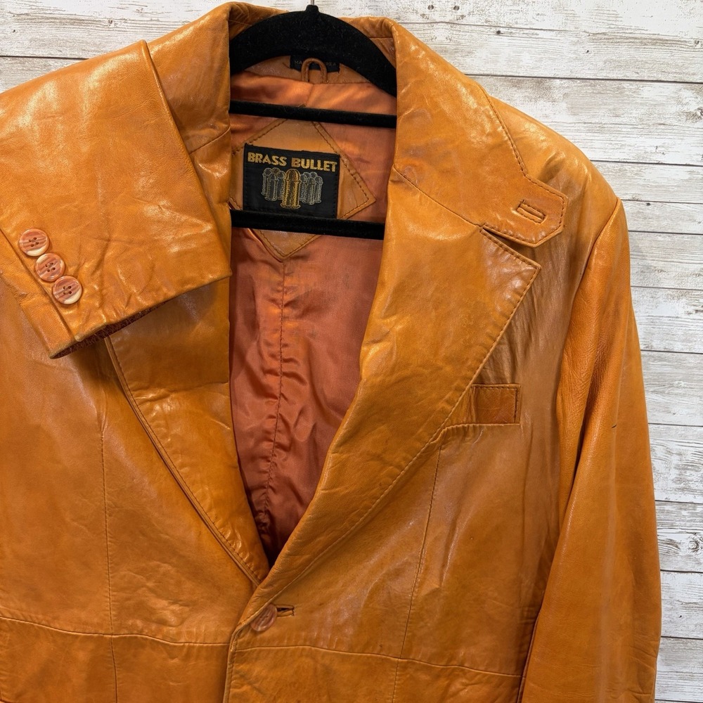 Vintage 70s Brass Bullet Mens 42 Jacket Leather Blazer Cognac Brown Sport Coat